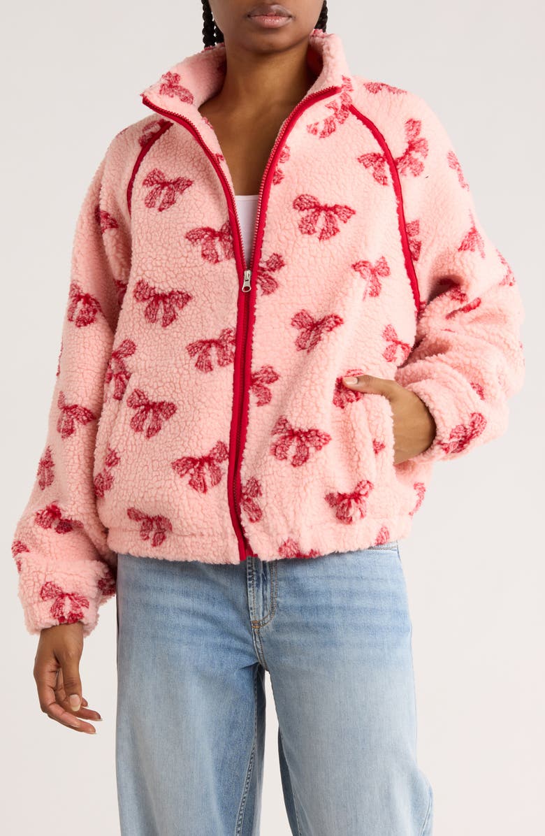 RDI Bow Faux Shearling Zip Jacket, Main, color, Coral Pink