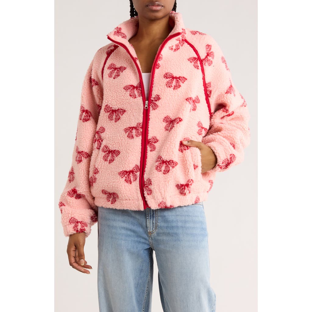 Rdi Bow Faux Shearling Zip Jacket In Pink