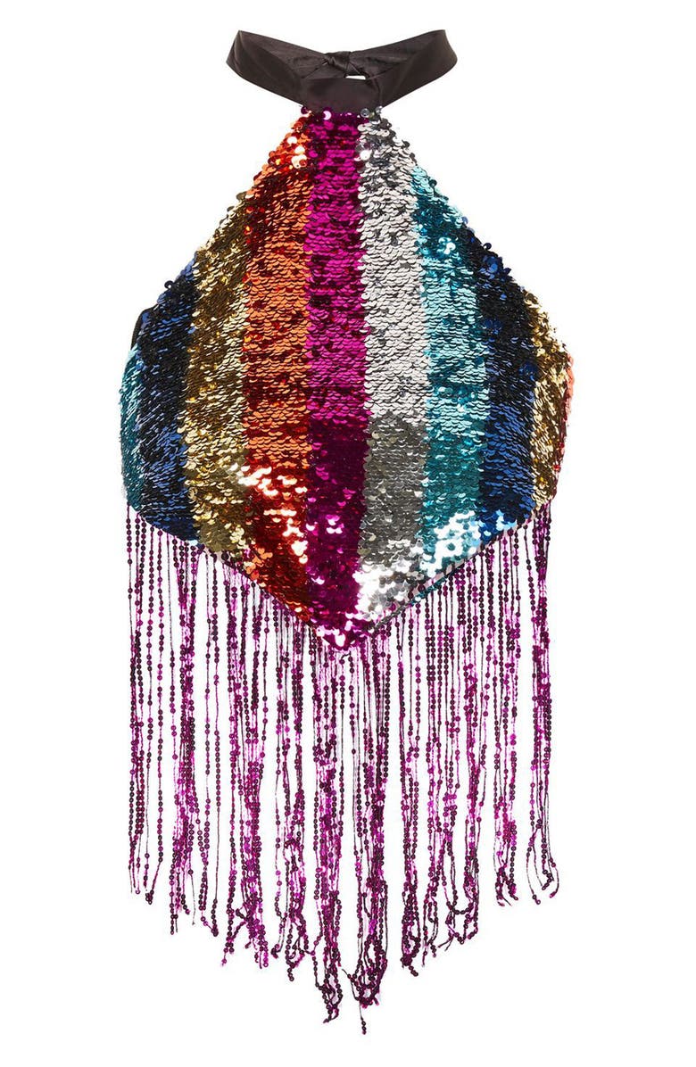 Topshop Rainbow Sequin Halter Top, Alternate, color, 