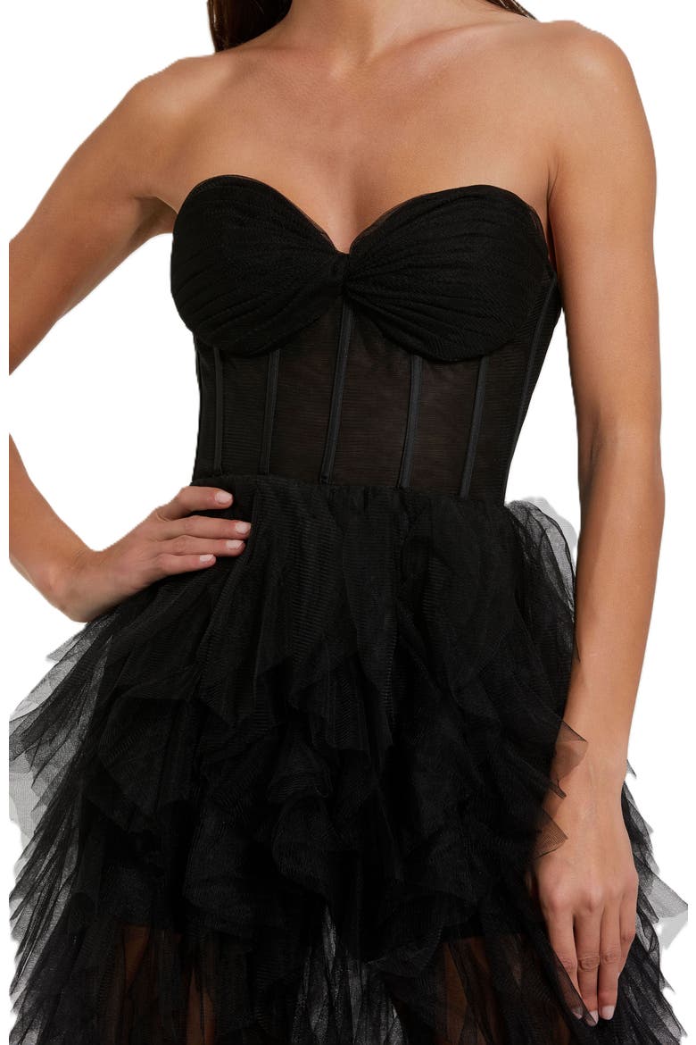 Strapless Bustier Net Gown With Spiral Ruffles, Alternate, color, Black