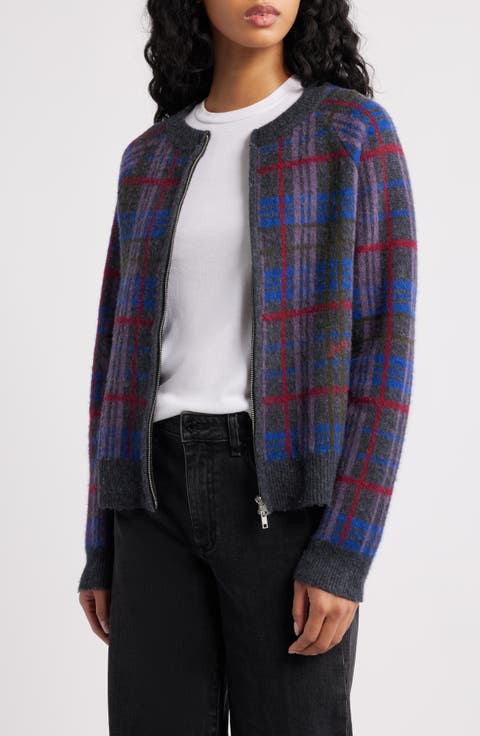 Minah Brushed Check Merino Wool Zip Cardigan