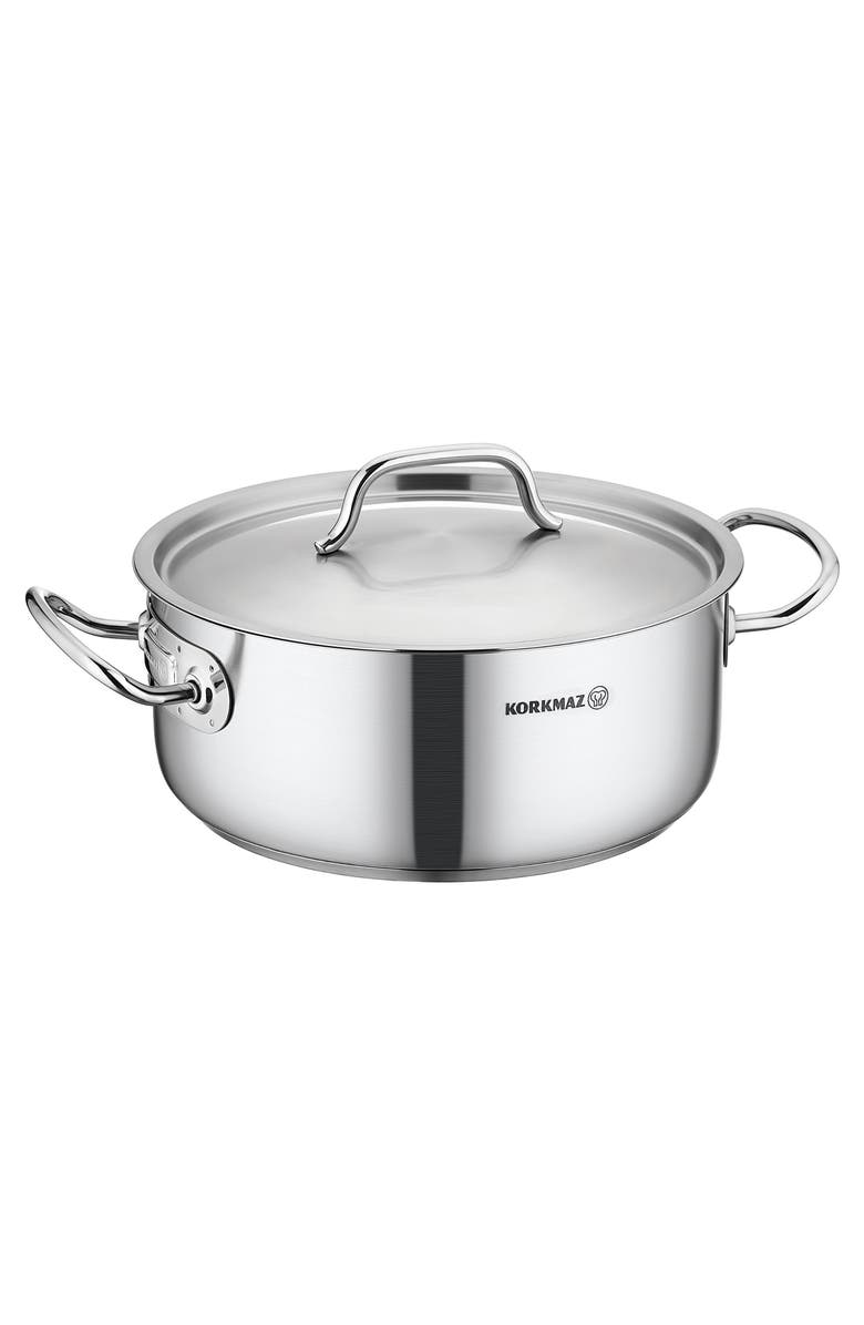 Korkmaz Gastro Proline 4.5 Liter Stainless Steel Low Casserole with Lid, Main, color, Silver