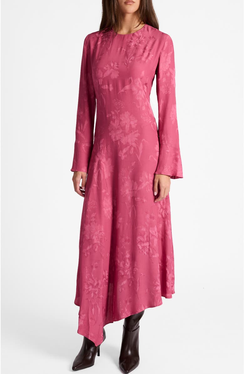 Santorelli Rachel Long Sleeve Asymmetric Midi Dress in Floral Jacquard, Alternate, color, Crushed Berry