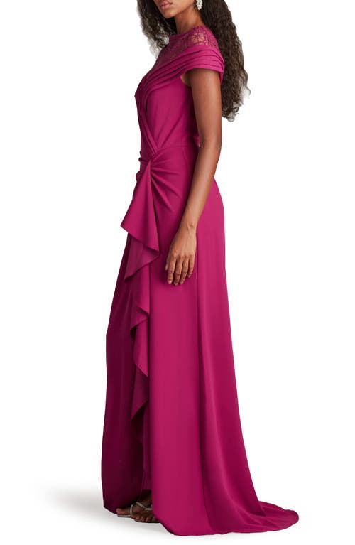 Tadashi Shoji Short Sleeve Gathered Slit Gown In Pink