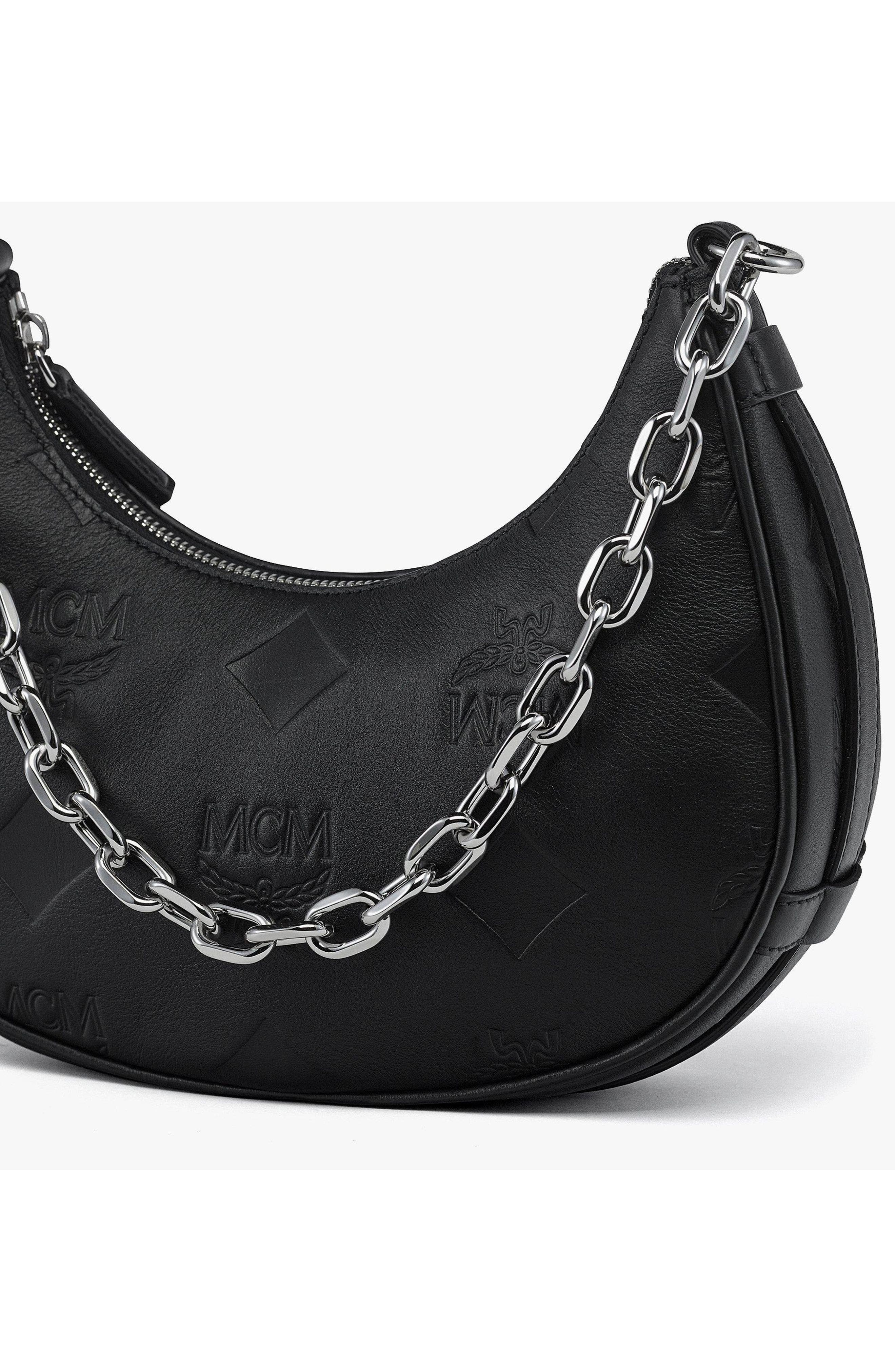 MCM Aren Crescent Hobo Bag in Maxi Monogram Leather, Alternate, color, Black