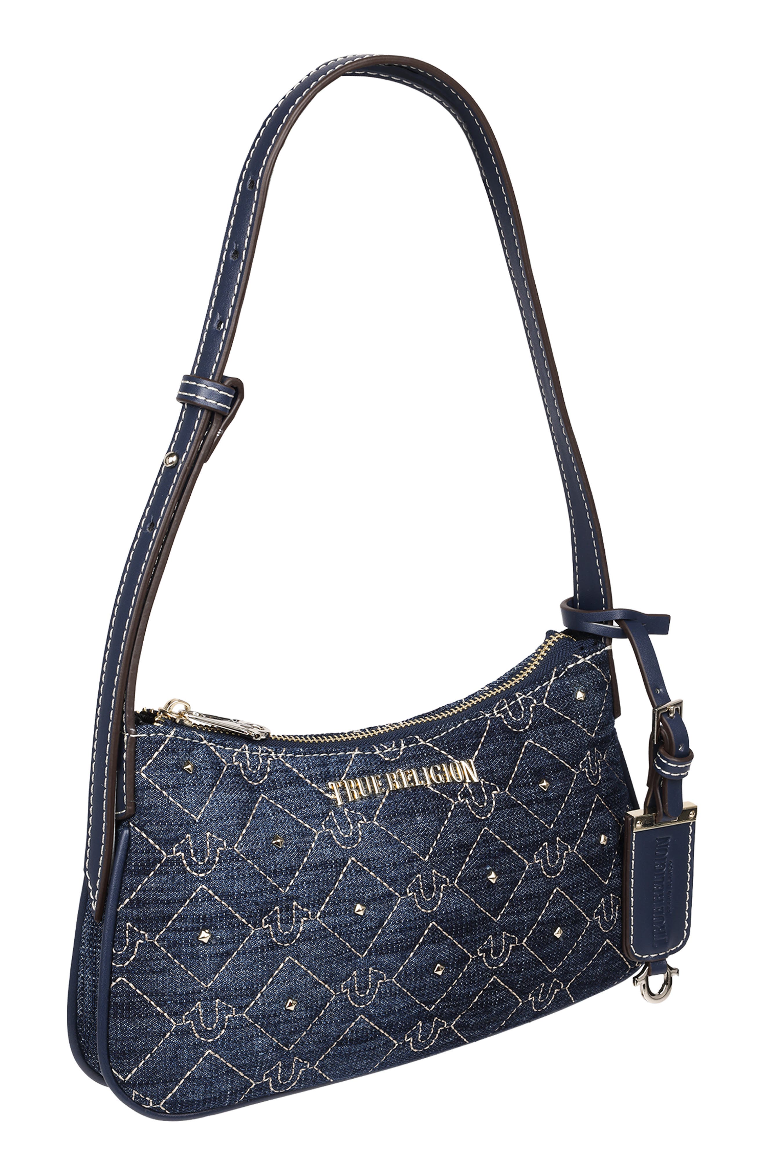 True Religion Studded Horseshoe Denim Shoulder Bag, Alternate, color, Dark Denim