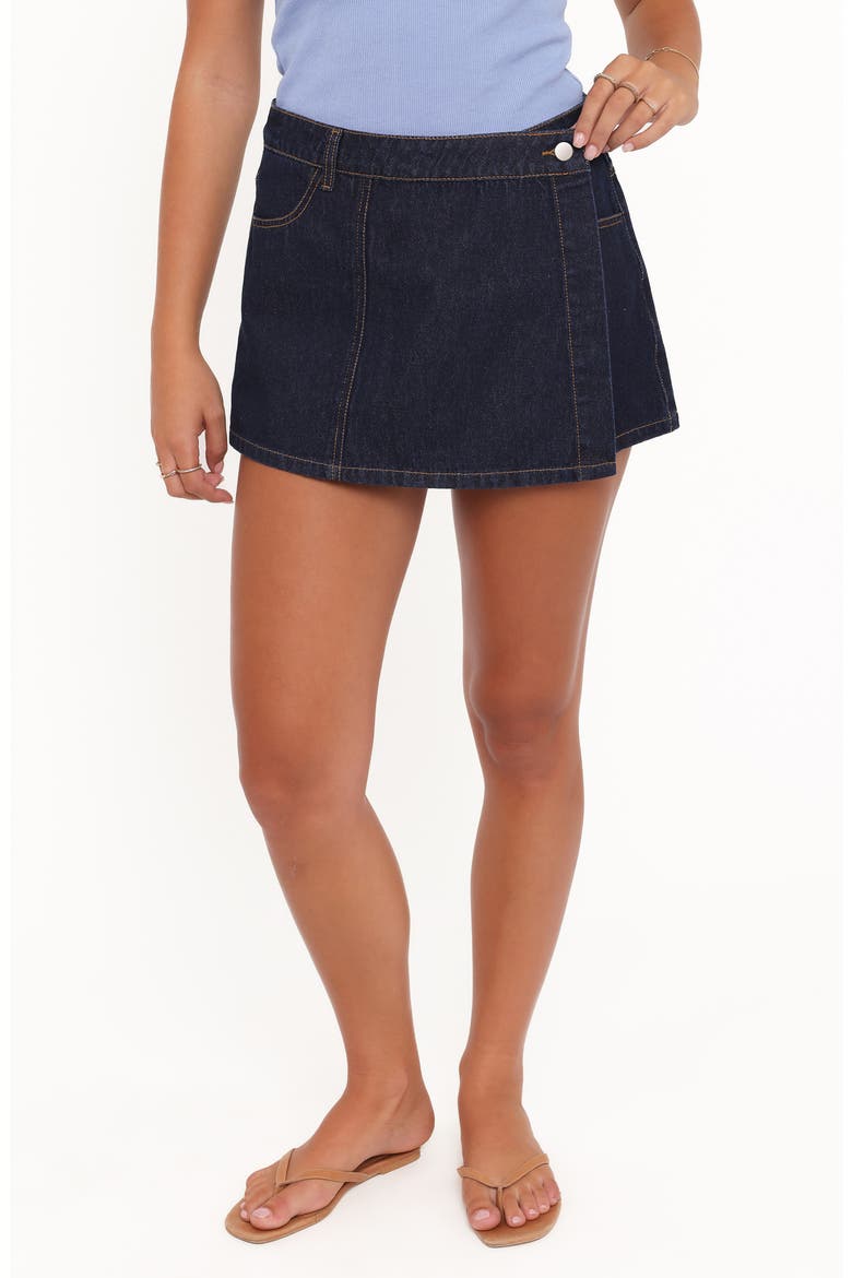 Evanna Denim Wrap Miniskort, Main, color, DARK WASH