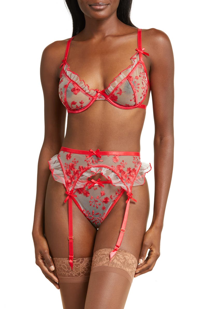 Coquette Embroidered Garter Belt & G-String Set, Main, color, Red
