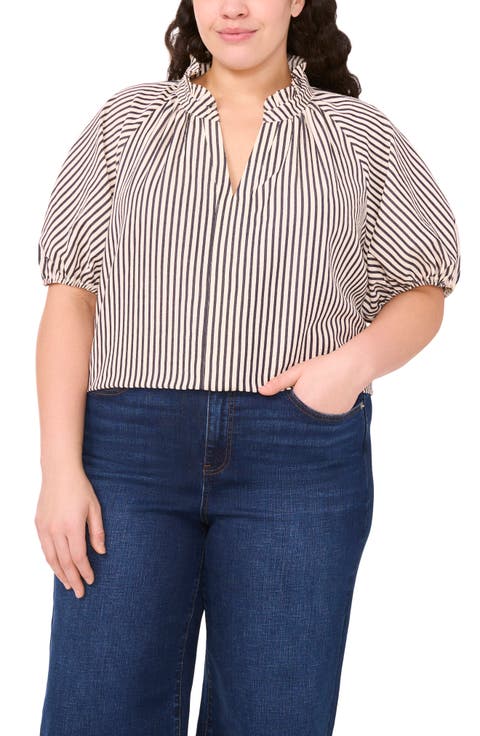 Stripe Puff Sleeve Seersucker Top (Plus)