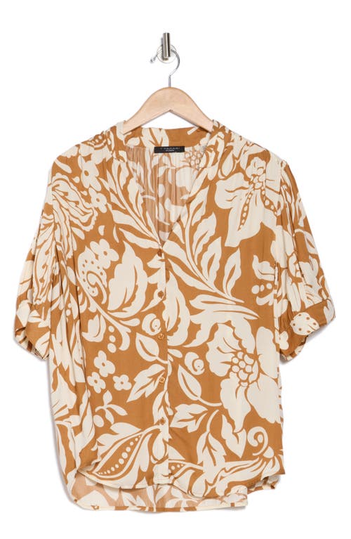 T Tahari Airflow Short Sleeve Button-up Shirt In Toffee/ivory Floral Print