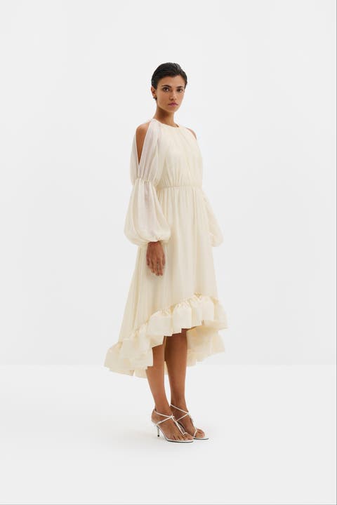 Leontine Pouf Sleeve Ruffled Midi Dress