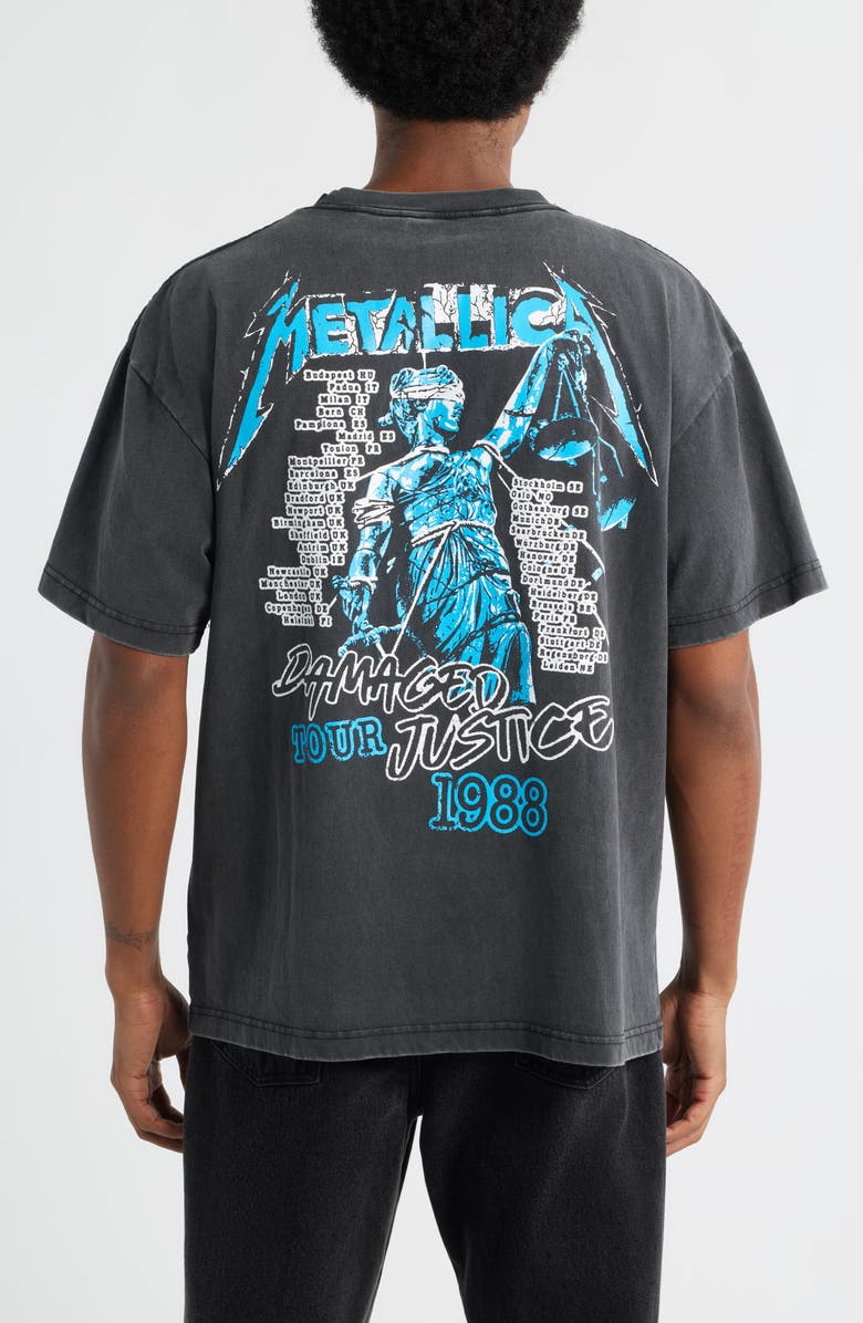 Merch Traffic Metallica Live 1988 Damaged Justice Tour Graphic T-Shirt, Alternate, color, Black Pigment Dye
