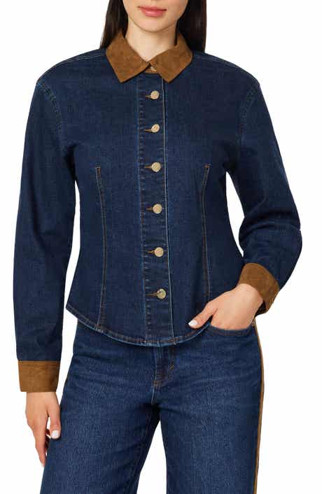Mixed Media Cotton Blend Button Up Shirt