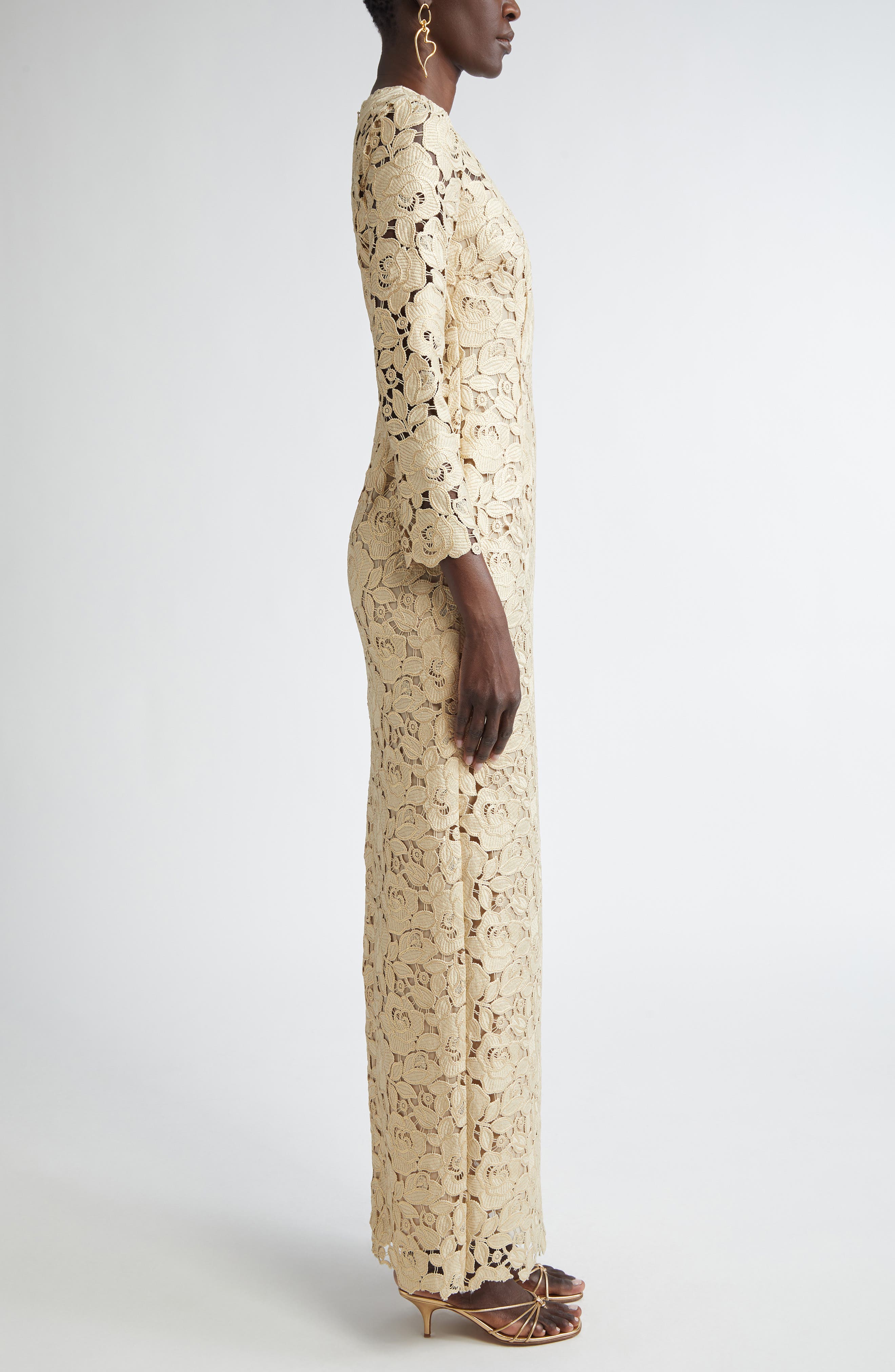 Oscar de la Renta Long Sleeve Foiled Rose Guipure Lace Gown (Women ...