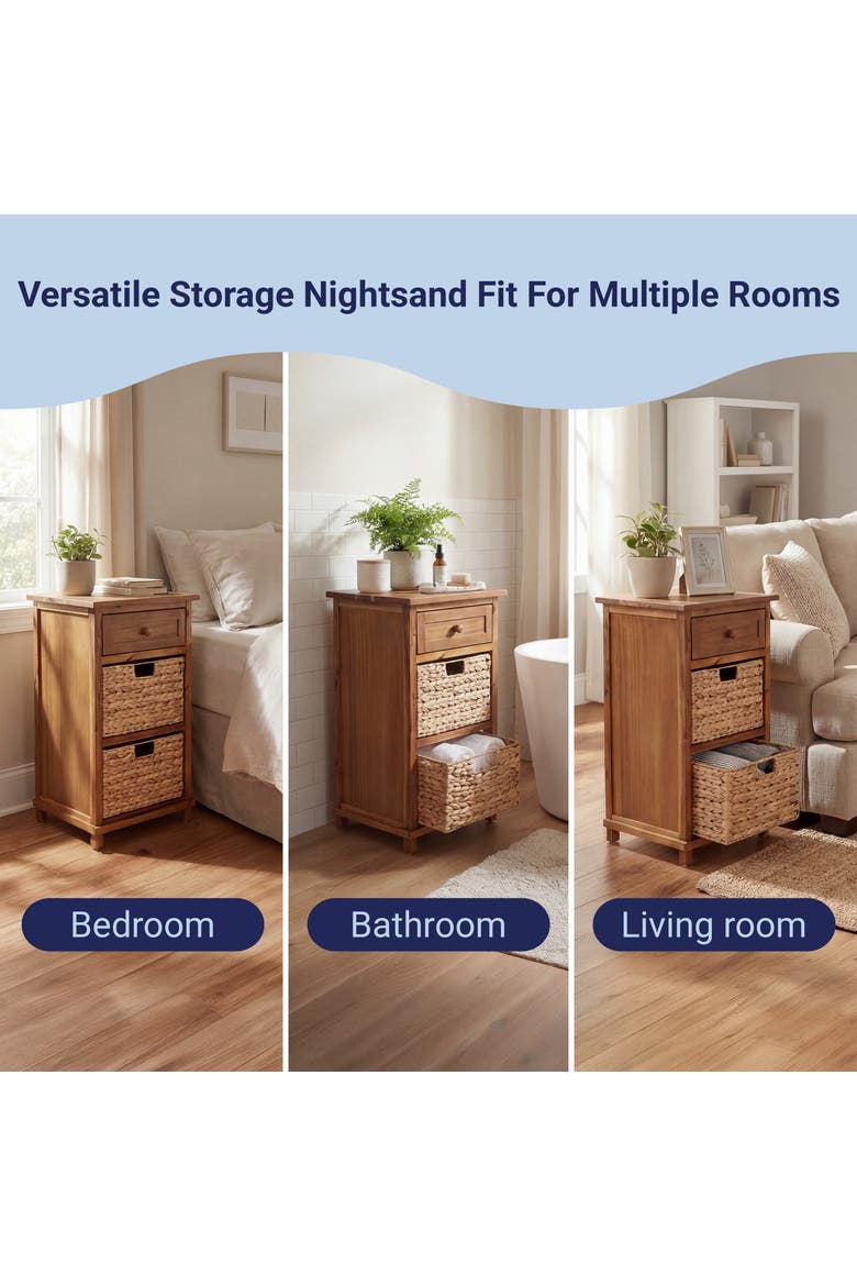 Malibu Rustic Handcrafted Acacia Wood Accent Storage Nightstand with Drawer and 2 Water Hyacinth Woven Baskets, Alternate, color, Natural