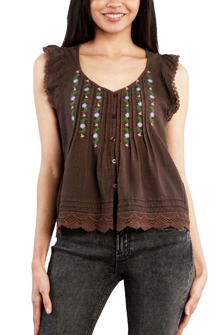 Floral Embroidered Pintuck Top, Alternate, color, CHOCOLATE BROWN