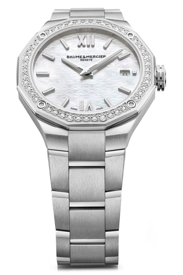 Riviera 10662 Automatic Bracelet Watch, 36mm, Alternate, color, SILVER/ WHITE MOTHER-OF-PEARL