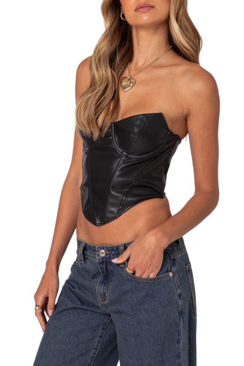 Aberdeen Faux Leather Strapless Crop Top, Alternate, color, BLACK