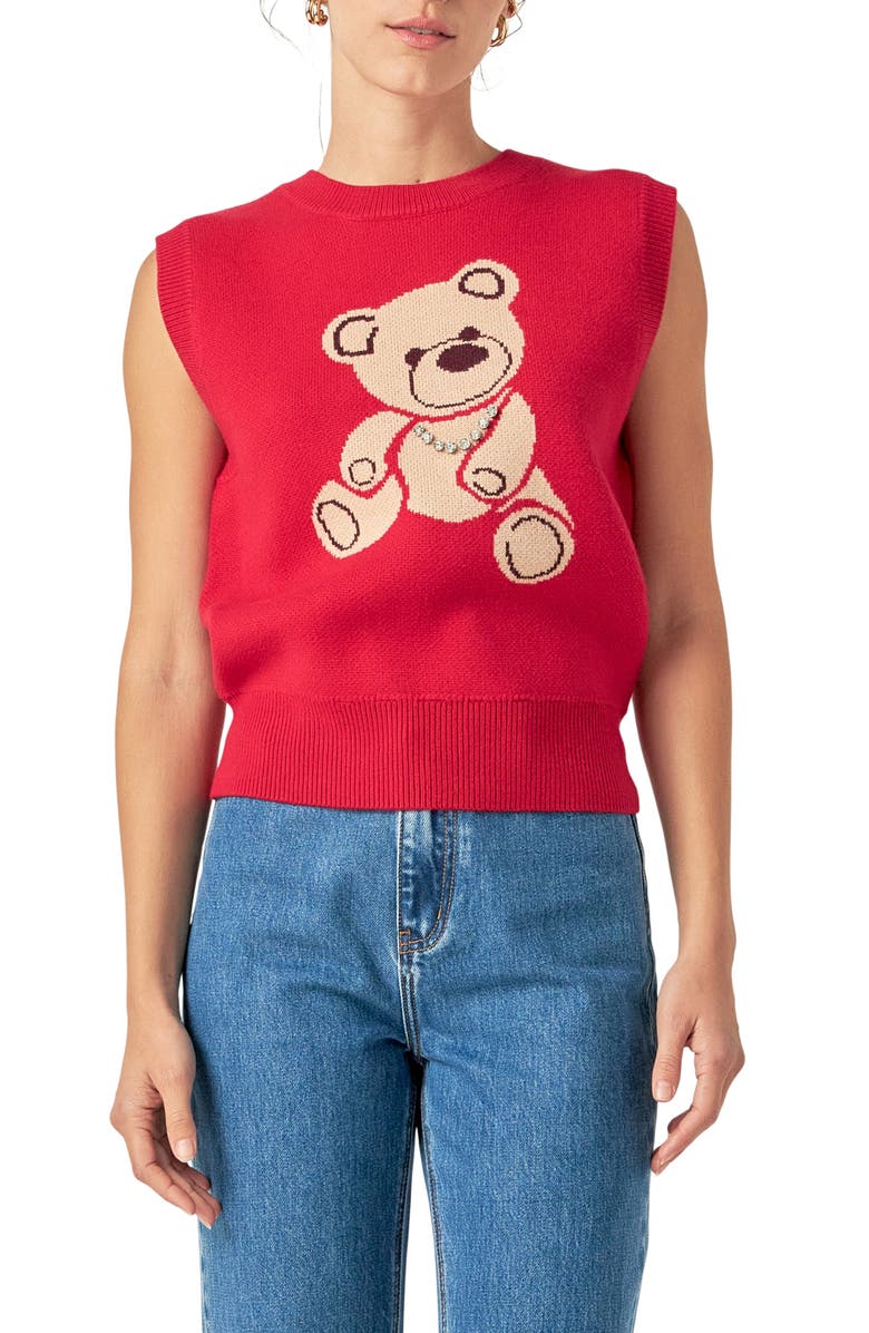 English Factory Rhinestone Detail Teddy Bear Sweater Vest, Main, color, Cranberry