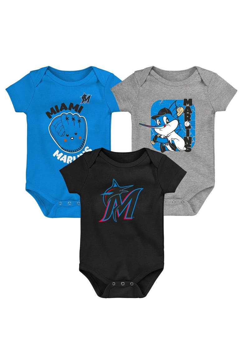 Newborn & Infant Blue/Black/Heathered Gray Miami Marlins 3-Pack Change Up Bodysuit Set, Main, color, Blue