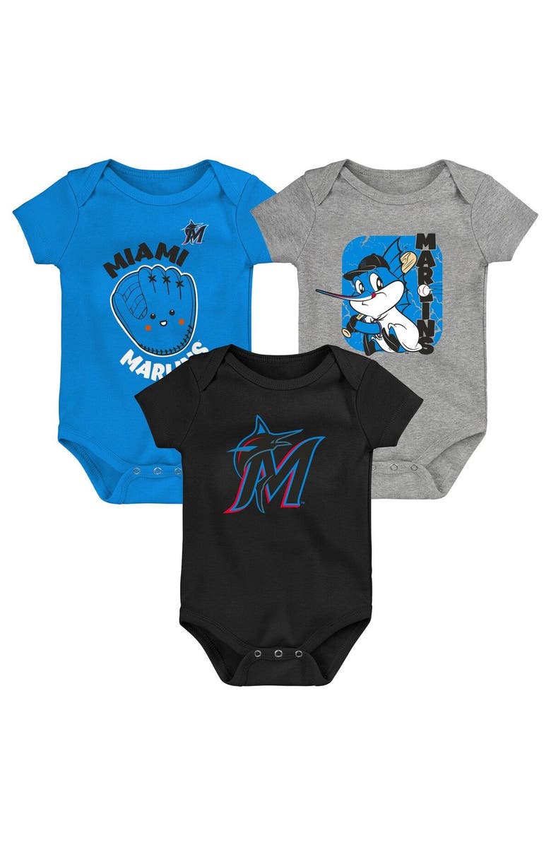 Outerstuff Newborn & Infant Blue/Black/Heathered Gray Miami Marlins 3-Pack Change Up Bodysuit Set, Main, color, 