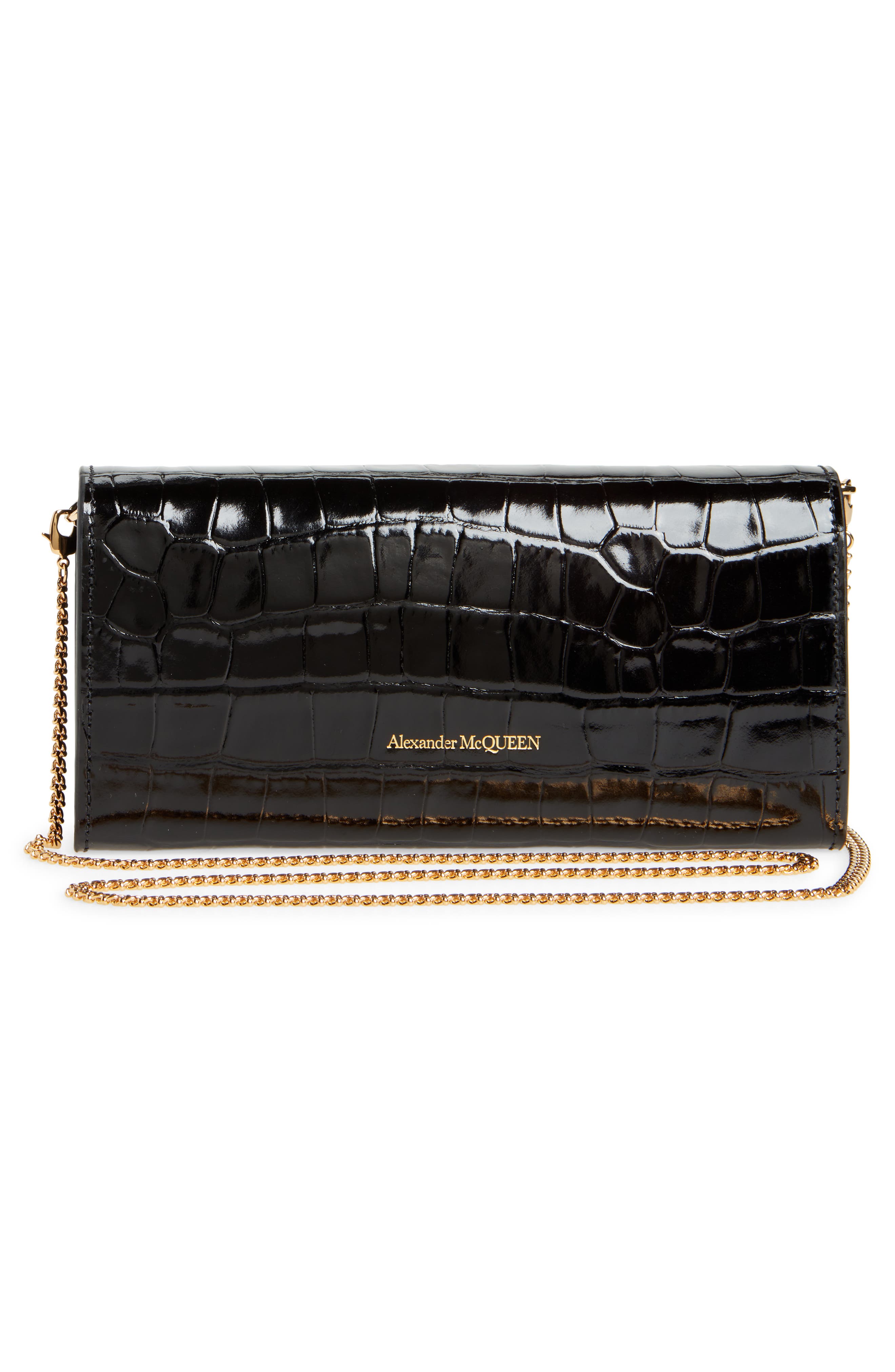 McQueen Alexander McQueen Skull Croc Embossed Leather Wallet on a Chain, Alternate, color, 