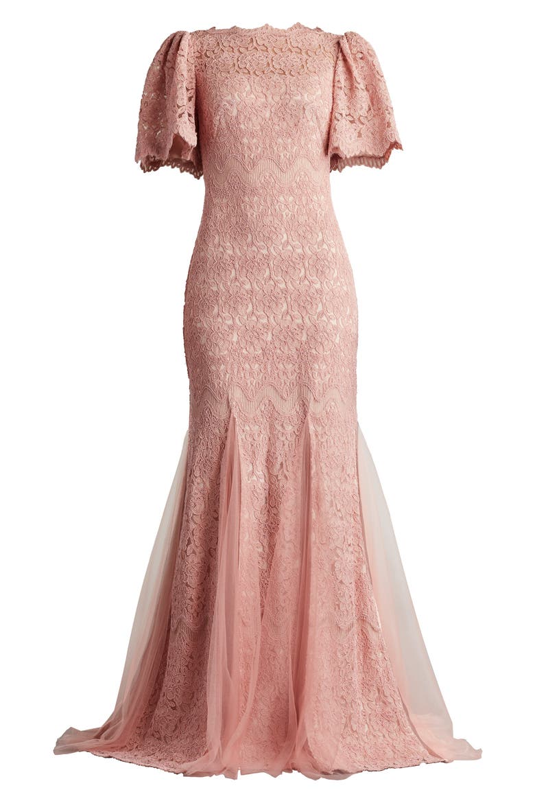 Flutter Sleeve Corded Lace Trumpet Gown, Alternate, color, ANTIQUE PINK