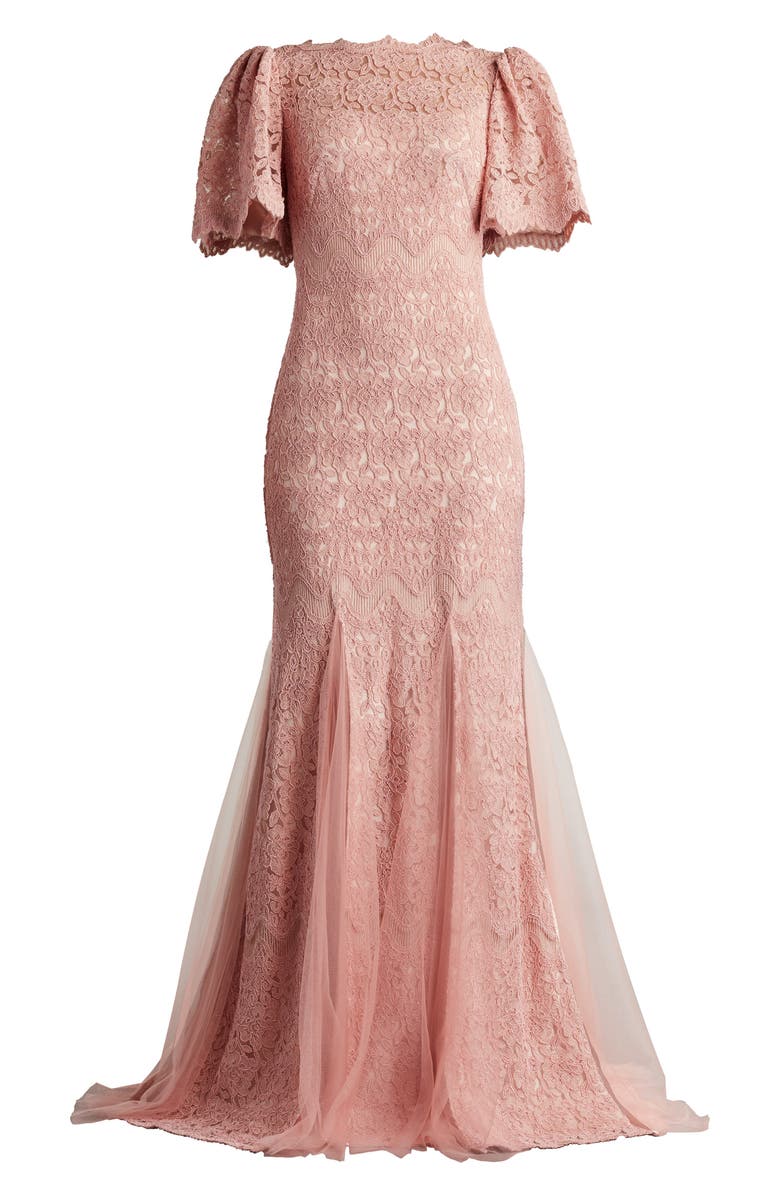 Tadashi Shoji Flutter Sleeve Corded Lace Trumpet Gown, Alternate, color, 