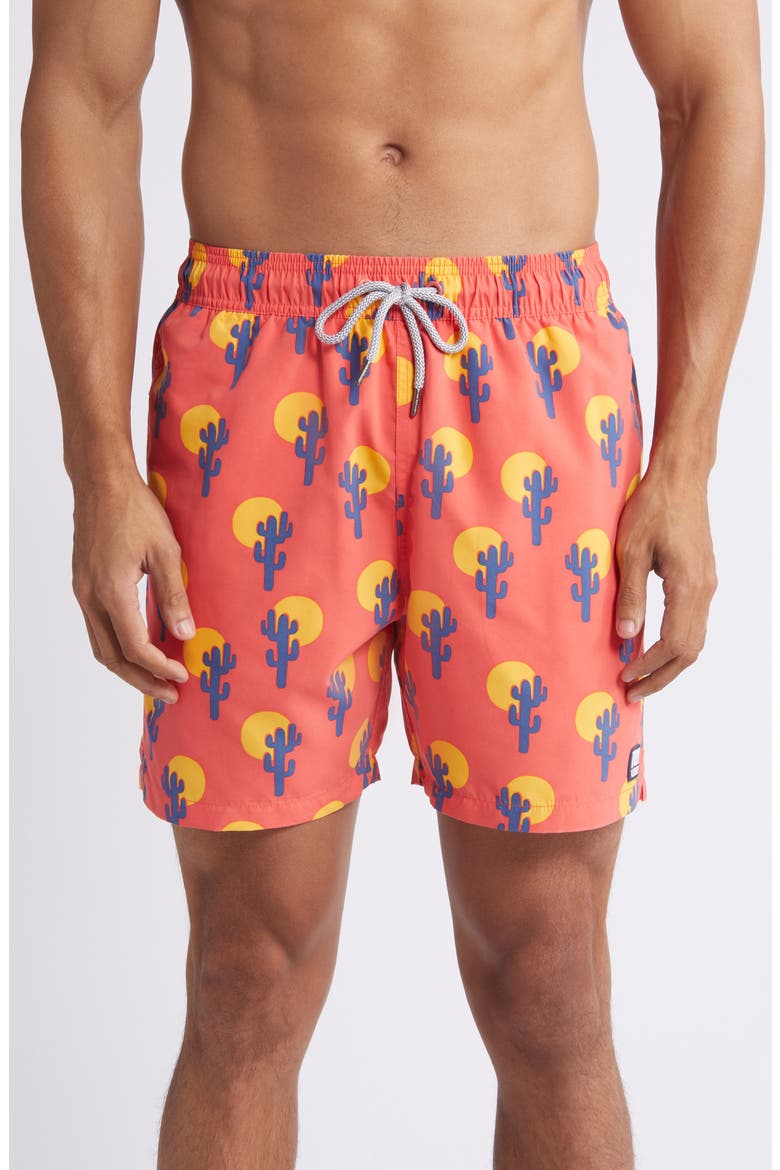 Cactus Print Performance Swim Trunks, Main, color, DEEP ROSE