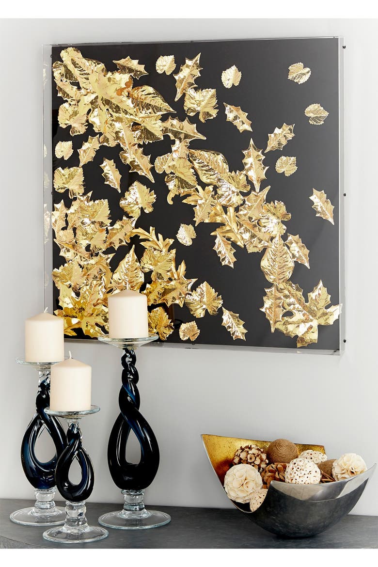Large Square Modern Black & Metallic Gold Leaf Shadow Box Wall Decor, Alternate, color, GOLD