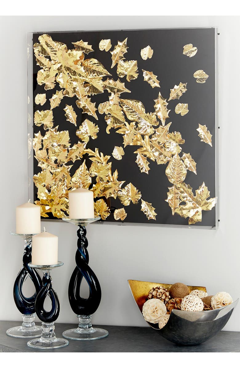 WILLOW ROW Large Square Modern Black & Metallic Gold Leaf Shadow Box Wall Decor, Alternate, color, Gold