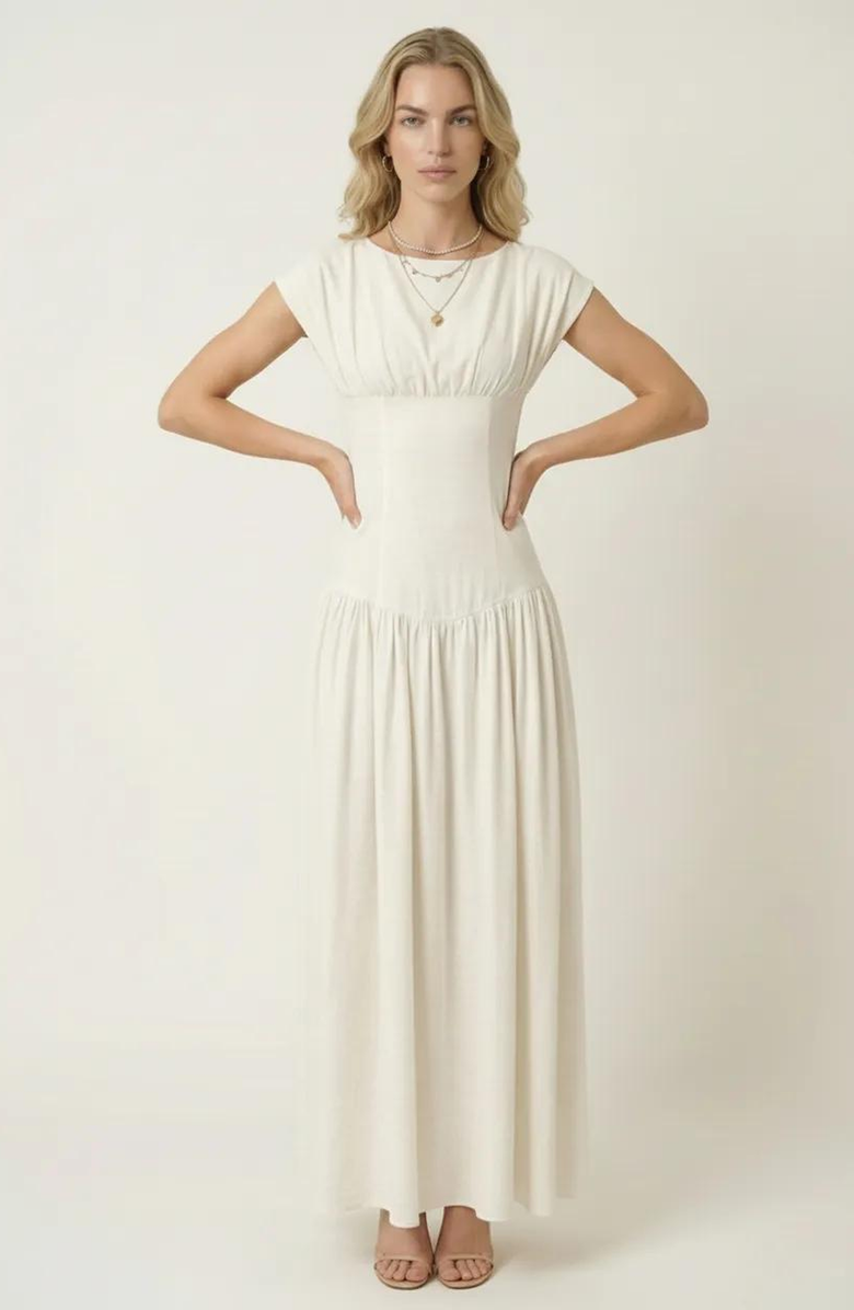 Modenaire Cap-Sleeve Maxi Dress with Lace-Up Back, Alternate, color, 