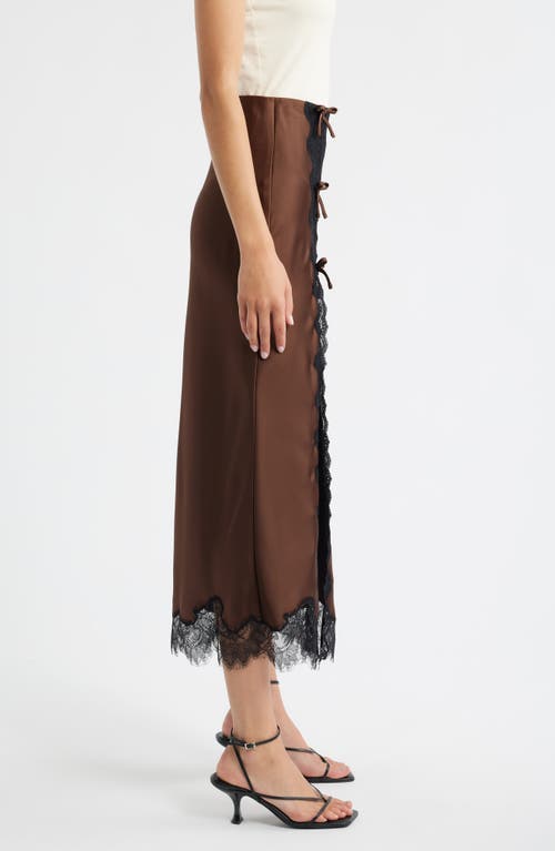Loveshackfancy Calder Lace Trim Satin Midi Skirt In Brown