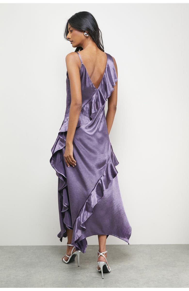 Warehouse Metallic Satin Ruffle Midi Slip Dress, Alternate, color, Mauve
