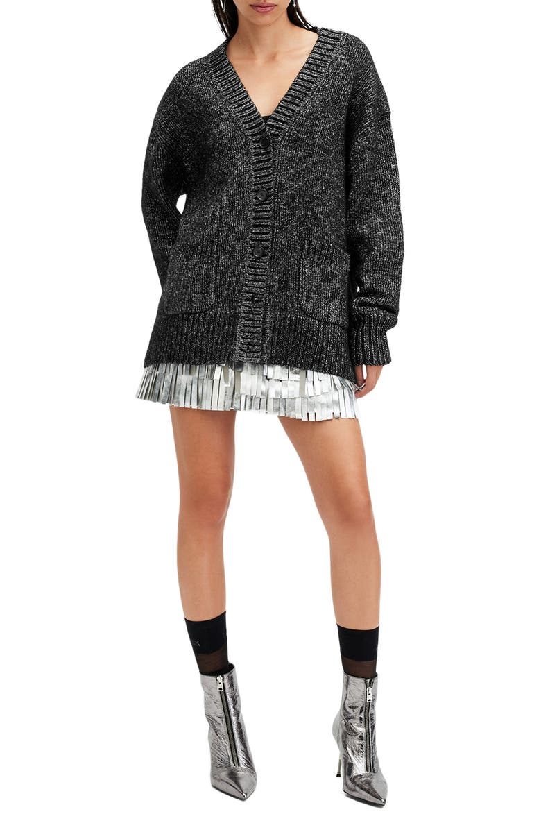 AllSaints Sabrina Metallic Merino Wool Blend Cardigan, Alternate, color, Black