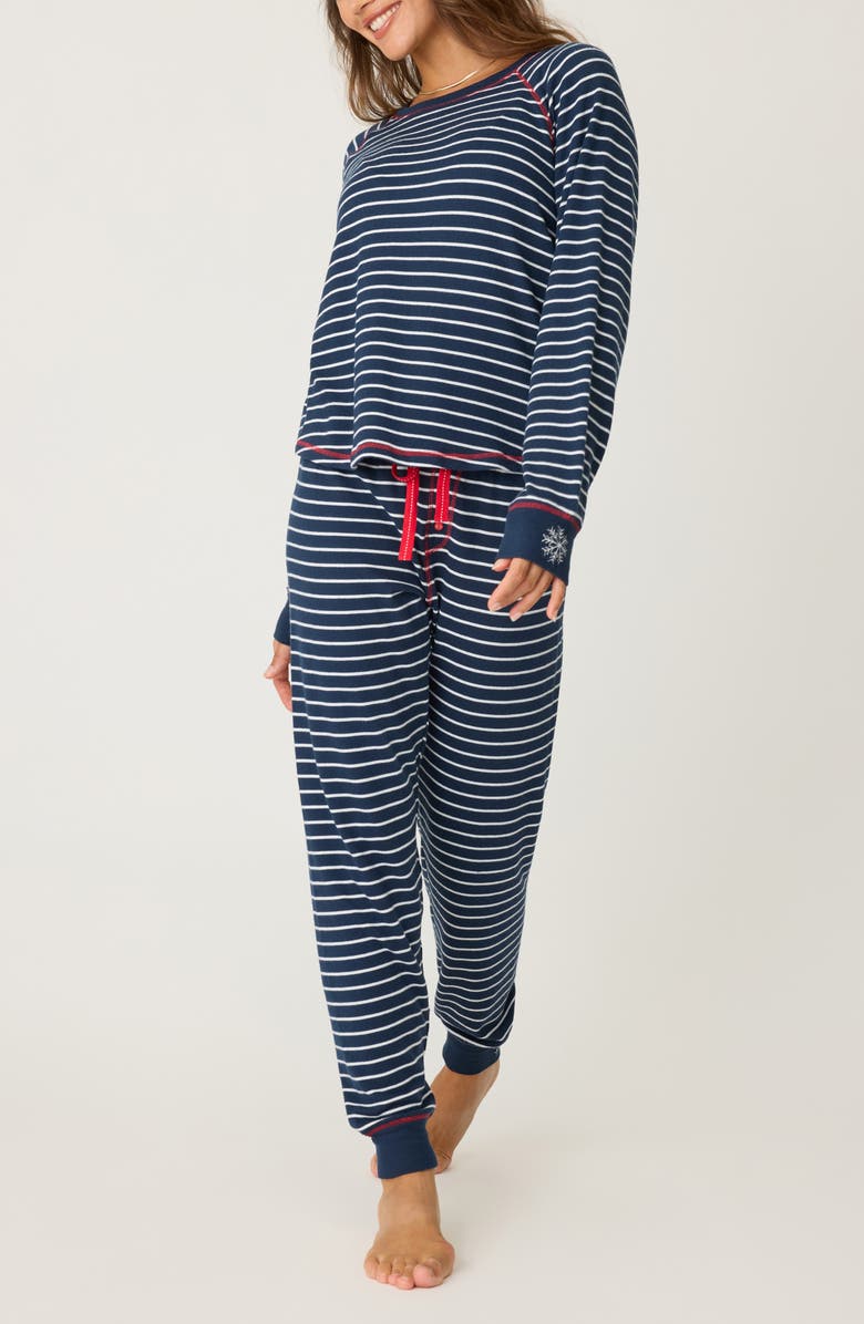 PJ Salvage Snowflake Kiss Stripe Brushed Jersey Pajamas, Main, color, 