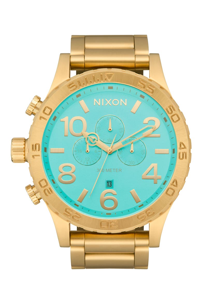 51-30 Chronograph Bracelet Watch, 51mm, Main, color, GOLD / TURQUOISE / GOLD