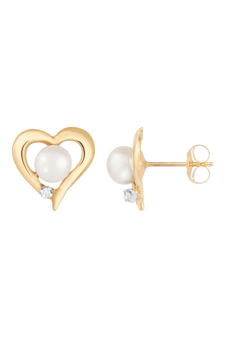 14K Gold Open Heart 6-7mm Cultured Pearl & Diamond Stud Earrings - 0.02 ctw, Alternate, color, WHITE