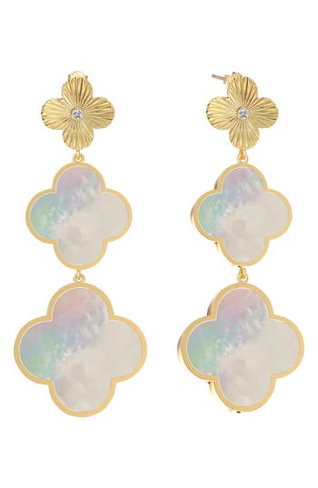 Gabi Rielle Mother Of Pearl Clover Triple Drop Earrings In Gold