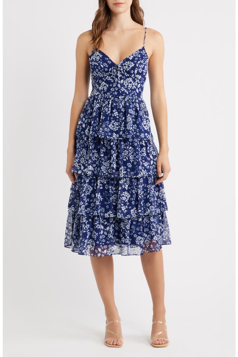 Floral Tiered Midi Dress, Main, color, NAVY