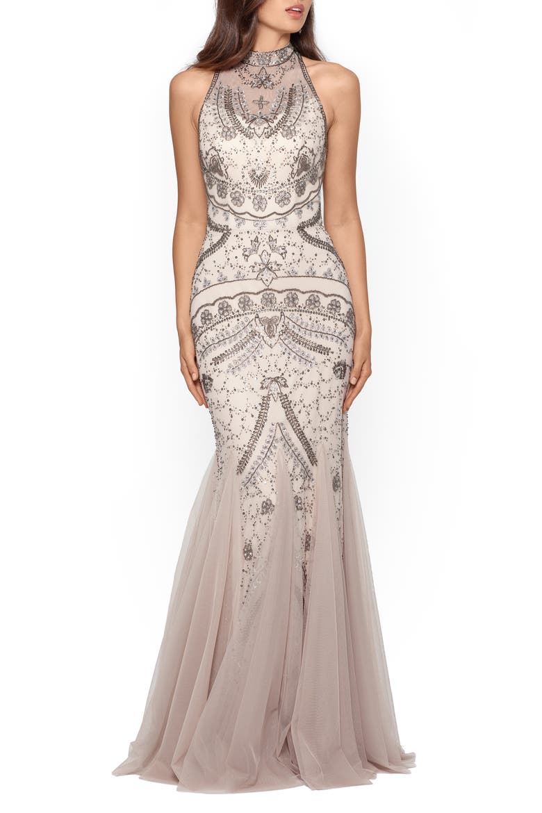 Xscape Embellished Godet Mermaid Gown, Main, color, CHAMPAGNE