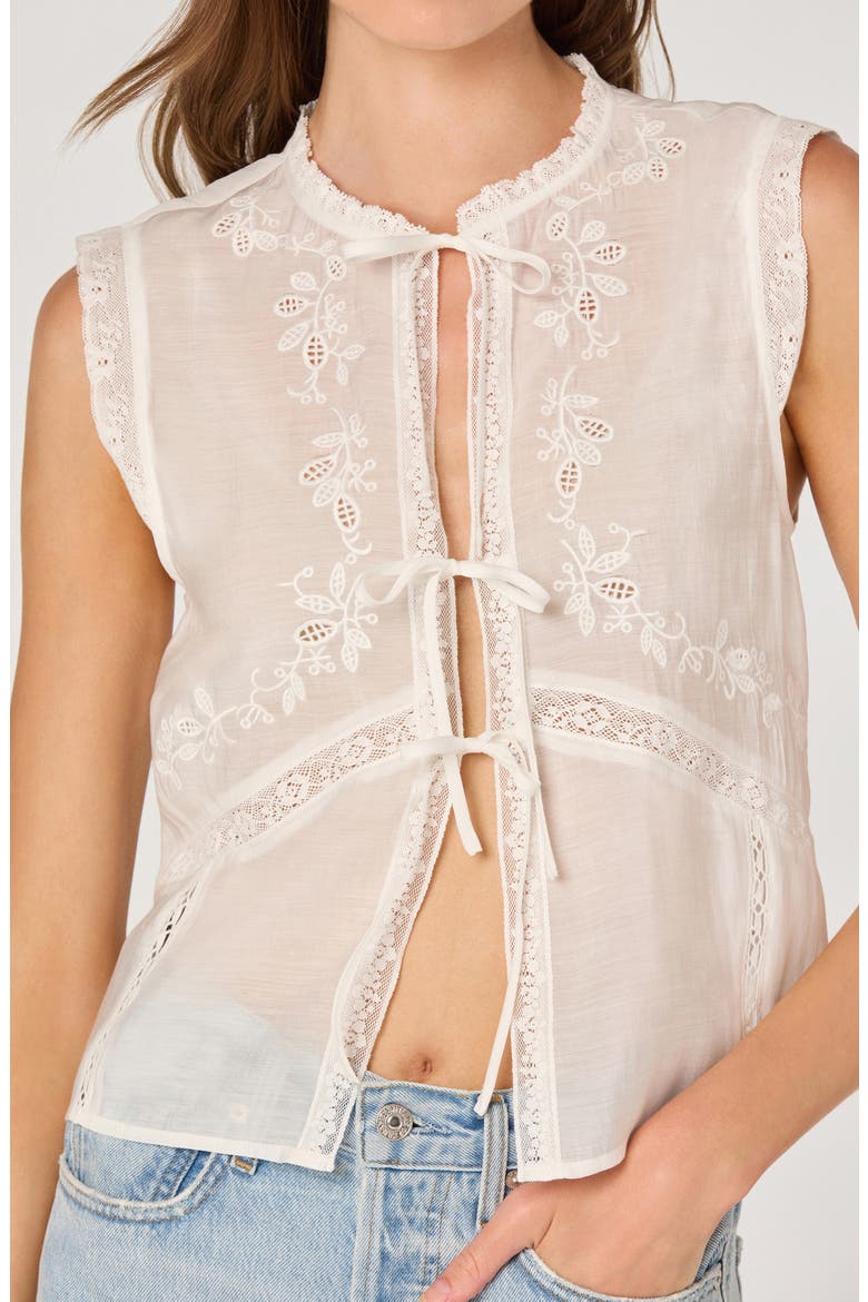 Lace Trim Tie Front Top, Alternate, color, WHITE