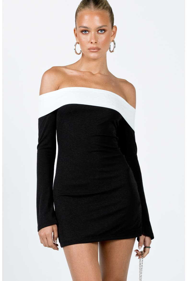 Anya Off the Shoulder Long Sleeve Minidress, Alternate, color, BLACK / WHITE