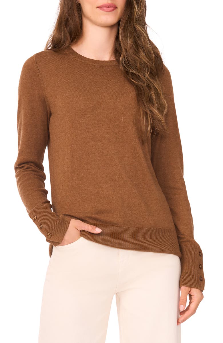 Halogen<sup>®</sup> Button Cuff Crewneck Sweater, Main, color, Rich Cognac