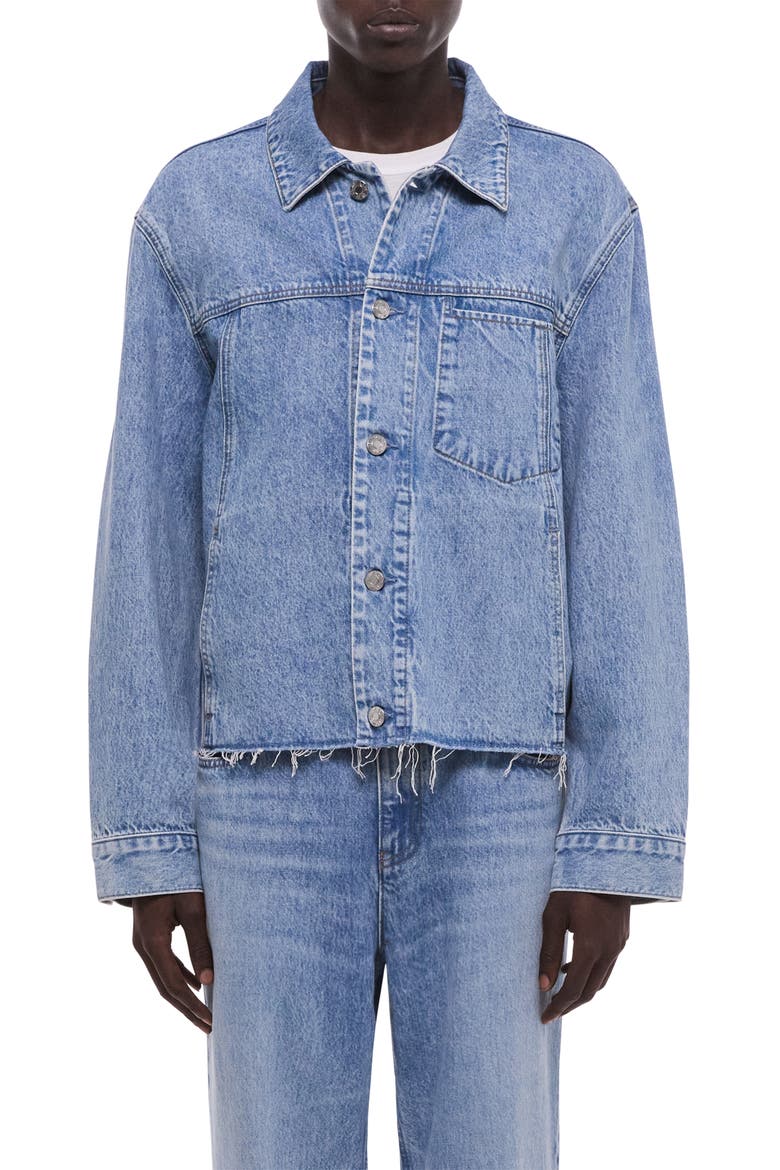 Brooklyn Raw Hem Denim Trucker Jacket, Main, color, VINTAGE BLUE WASH