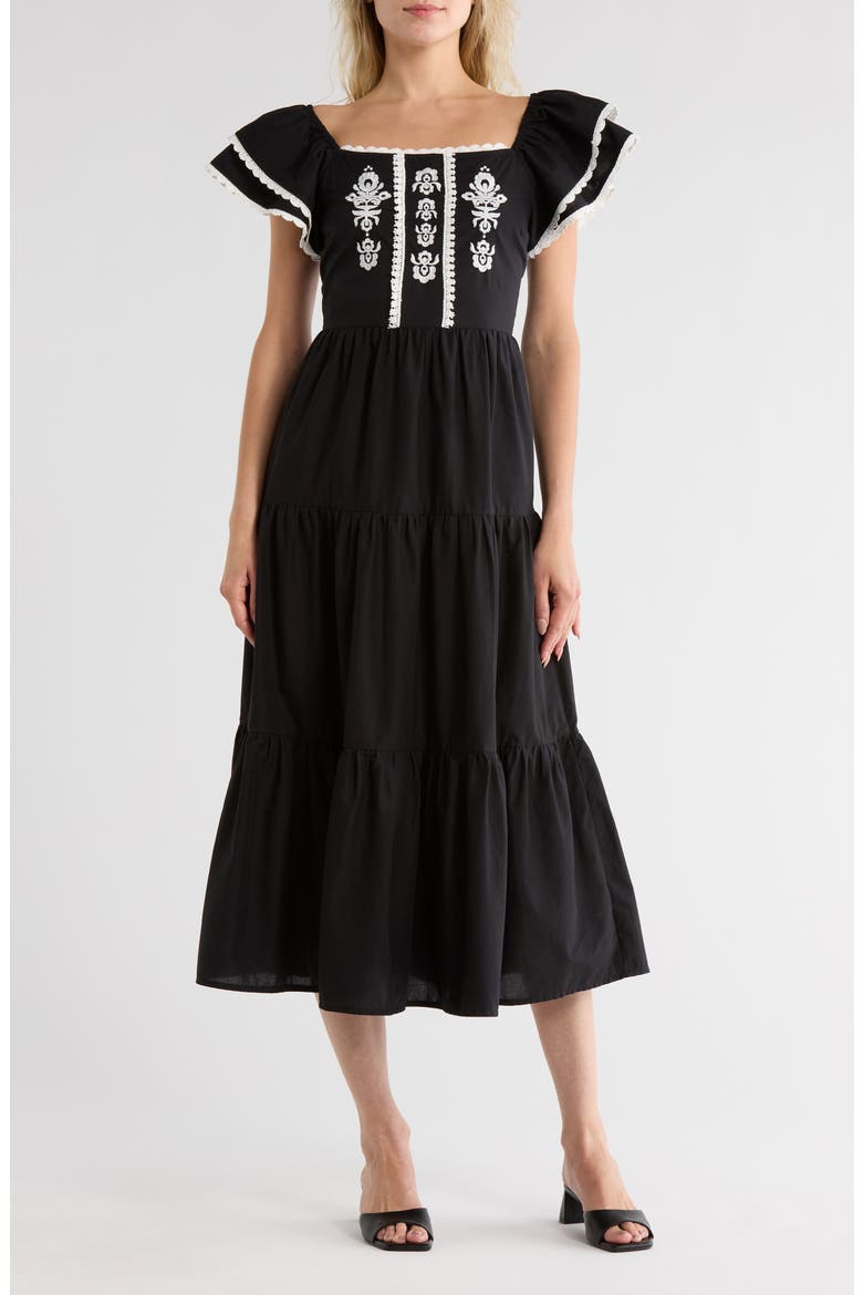 Embroidered Midi Dress, Main, color, BLACK/ EGRET