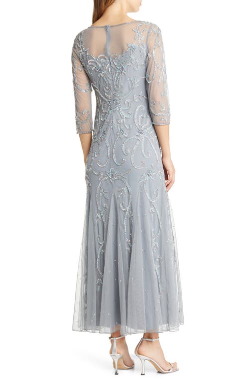 Pisarro Nights Beaded Illusion Neck Gown In Blue