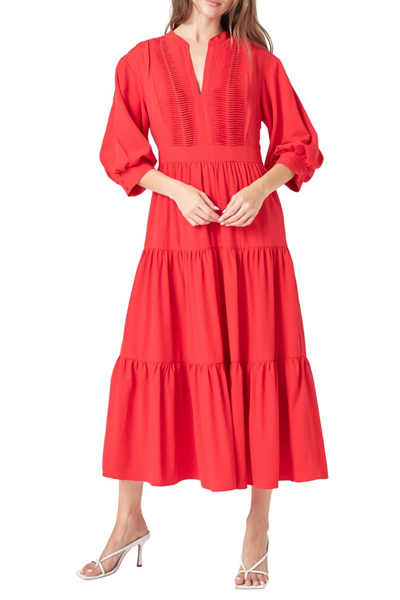 Pintuck Three-Quarter Sleeve Midi Dress, Main, color, RED