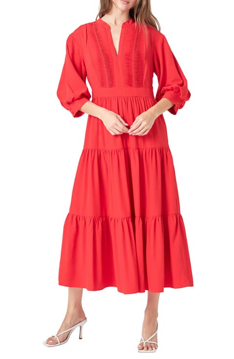 Pintuck Three-Quarter Sleeve Midi Dress