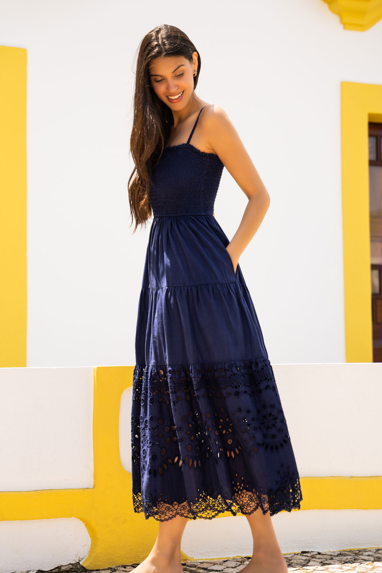 Kristen Sleeveless Smocked Eyelet Midi Dress, Alternate, color, Navy Calypso Eyelet